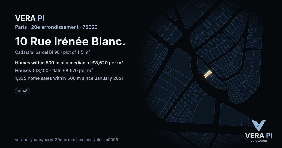 10 Rue Irénée Blanc, 20e arrondissement at night – the plot lit, the parcels around coloured by the prices near them