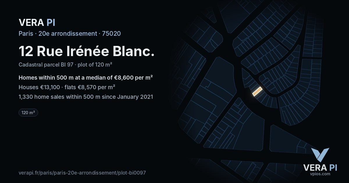 12 Rue Irénée Blanc, 20e arrondissement at night – the plot lit, the parcels around coloured by the prices near them