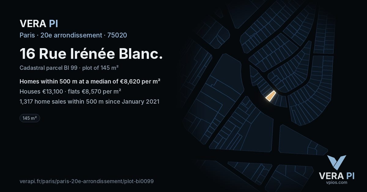 16 Rue Irénée Blanc, 20e arrondissement at night – the plot lit, the parcels around coloured by the prices near them