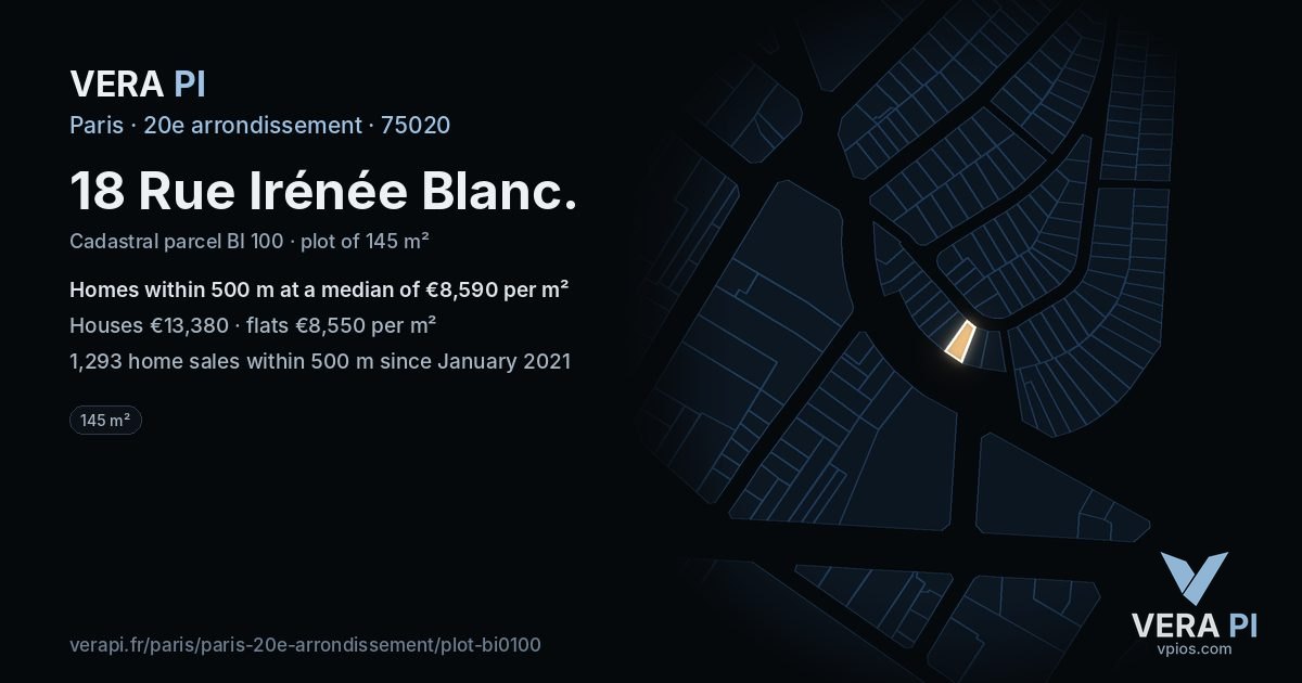 18 Rue Irénée Blanc, 20e arrondissement at night – the plot lit, the parcels around coloured by the prices near them