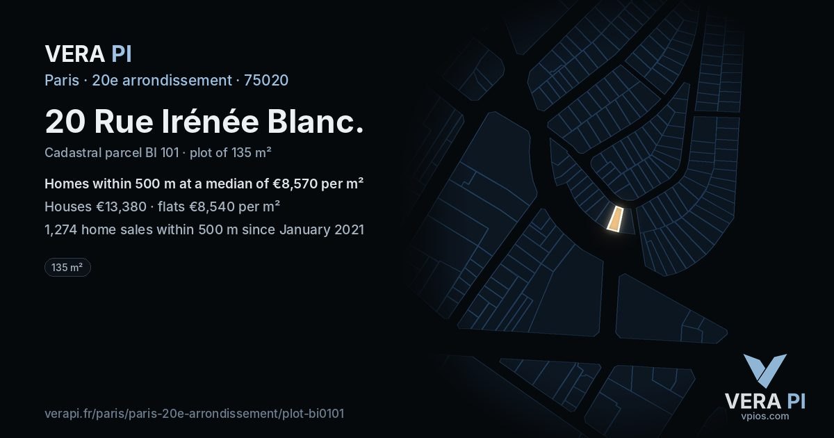 20 Rue Irénée Blanc, 20e arrondissement at night – the plot lit, the parcels around coloured by the prices near them