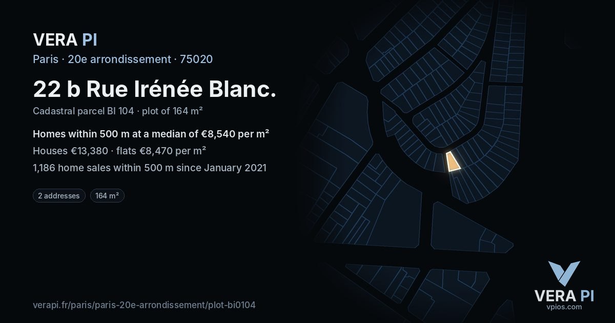 22 b Rue Irénée Blanc, 20e arrondissement at night – the plot lit, the parcels around coloured by the prices near them