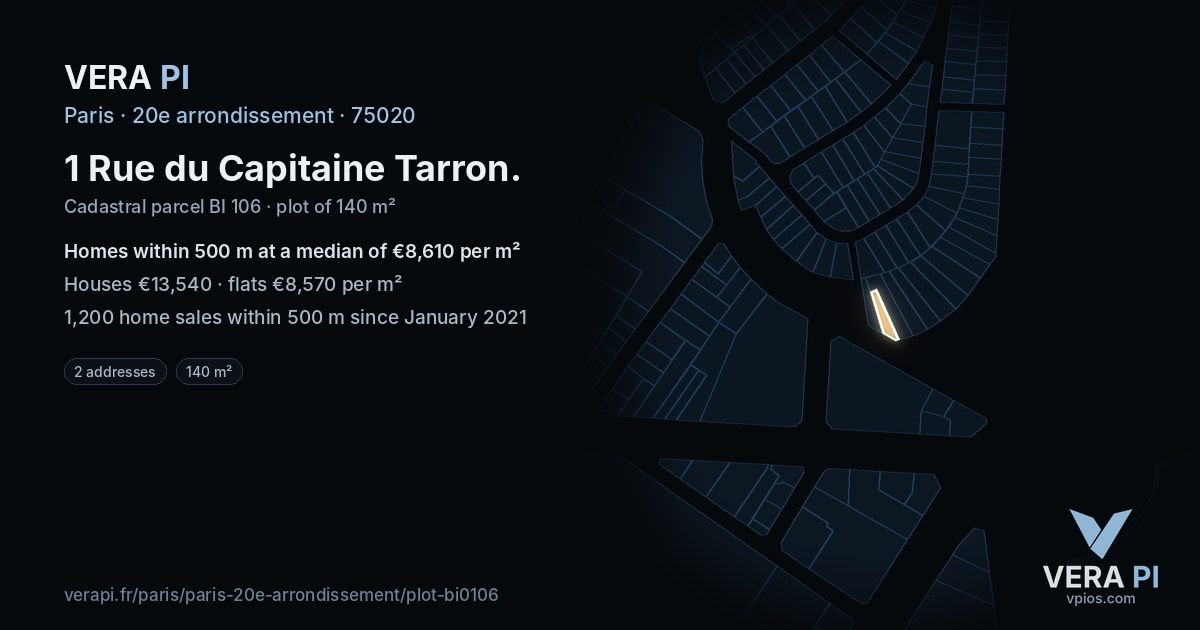 1 Rue du Capitaine Tarron, 20e arrondissement at night – the plot lit, the parcels around coloured by the prices near them