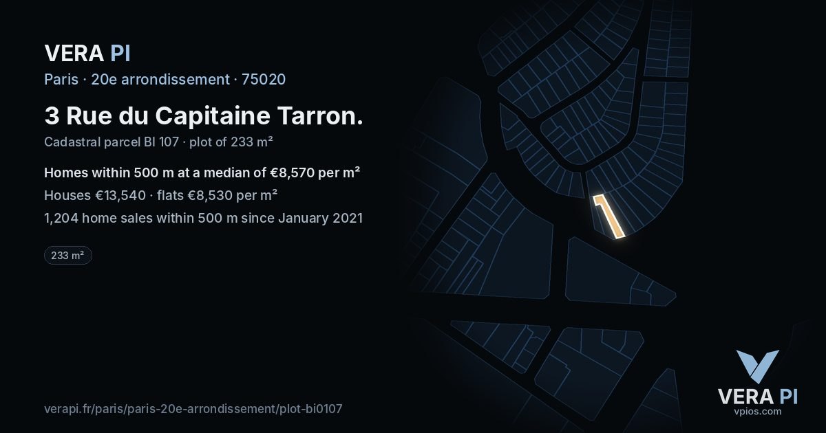 3 Rue du Capitaine Tarron, 20e arrondissement at night – the plot lit, the parcels around coloured by the prices near them