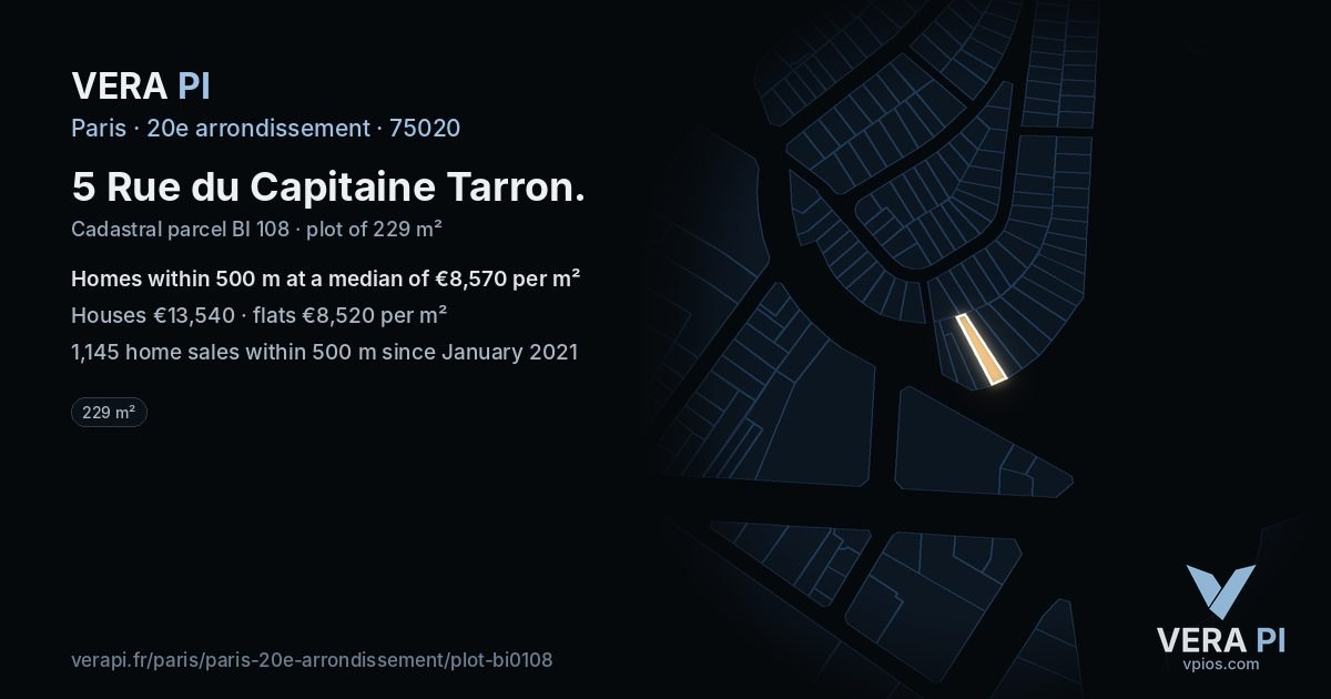 5 Rue du Capitaine Tarron, 20e arrondissement at night – the plot lit, the parcels around coloured by the prices near them