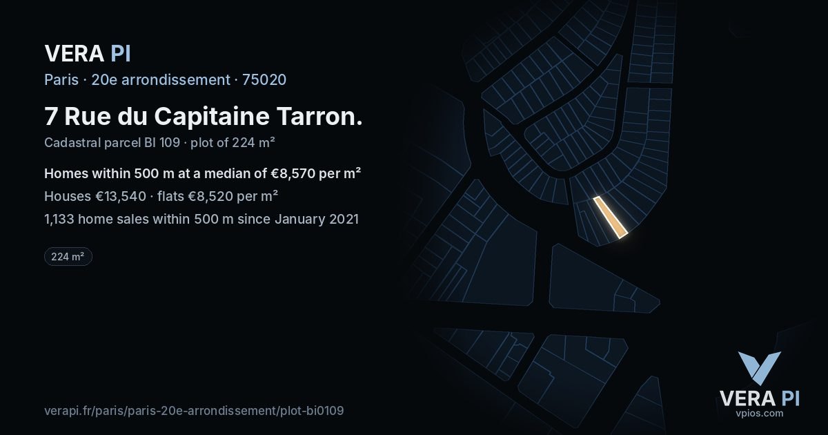 7 Rue du Capitaine Tarron, 20e arrondissement at night – the plot lit, the parcels around coloured by the prices near them
