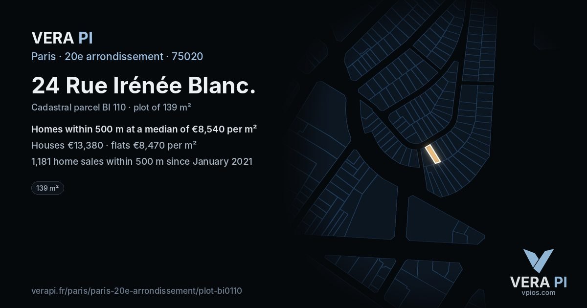 24 Rue Irénée Blanc, 20e arrondissement at night – the plot lit, the parcels around coloured by the prices near them