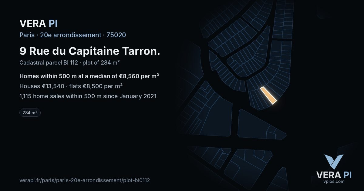 9 Rue du Capitaine Tarron, 20e arrondissement at night – the plot lit, the parcels around coloured by the prices near them