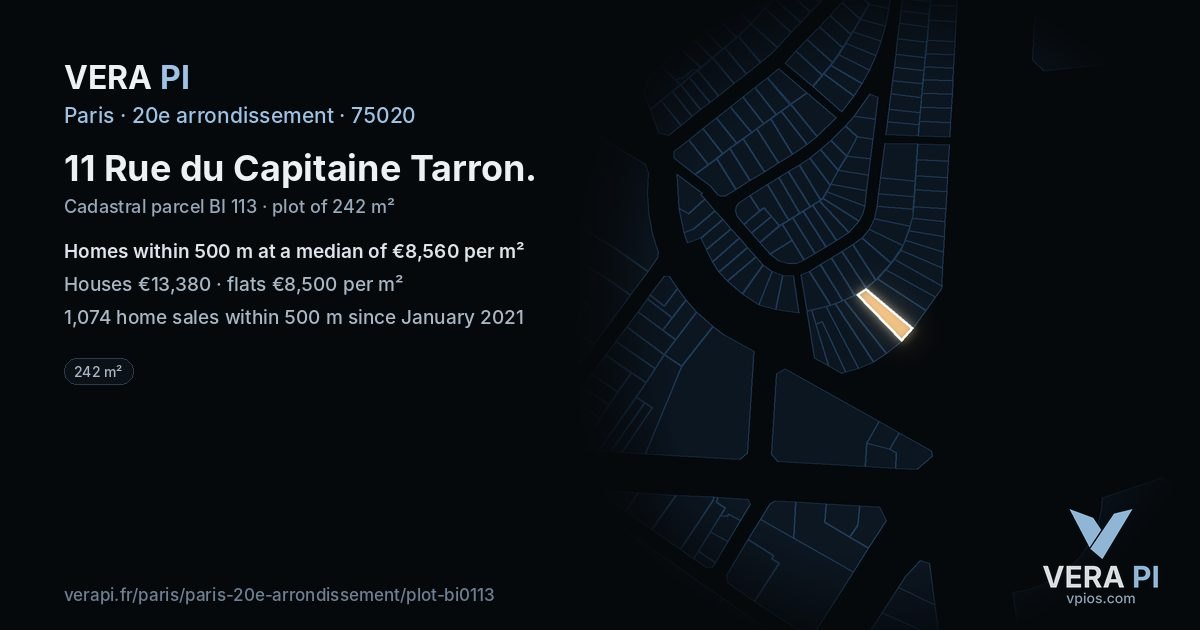 11 Rue du Capitaine Tarron, 20e arrondissement at night – the plot lit, the parcels around coloured by the prices near them
