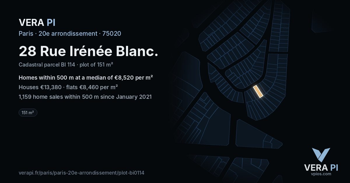28 Rue Irénée Blanc, 20e arrondissement at night – the plot lit, the parcels around coloured by the prices near them