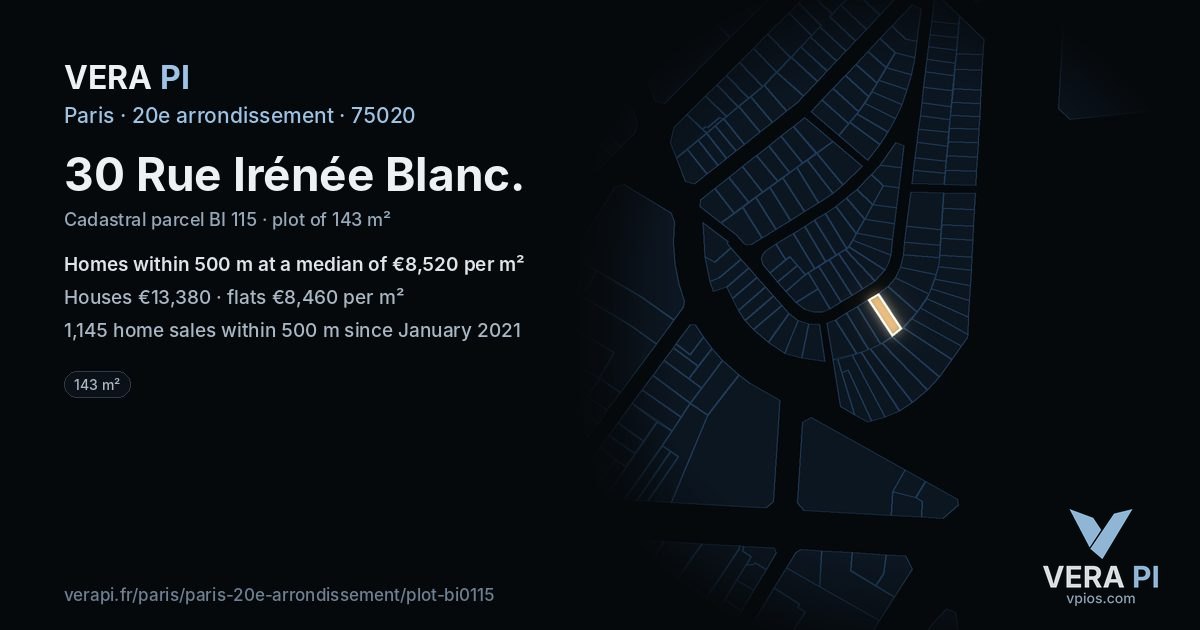 30 Rue Irénée Blanc, 20e arrondissement at night – the plot lit, the parcels around coloured by the prices near them