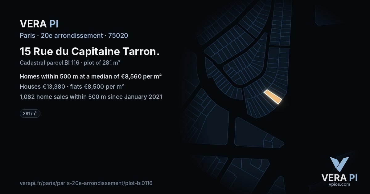 15 Rue du Capitaine Tarron, 20e arrondissement at night – the plot lit, the parcels around coloured by the prices near them