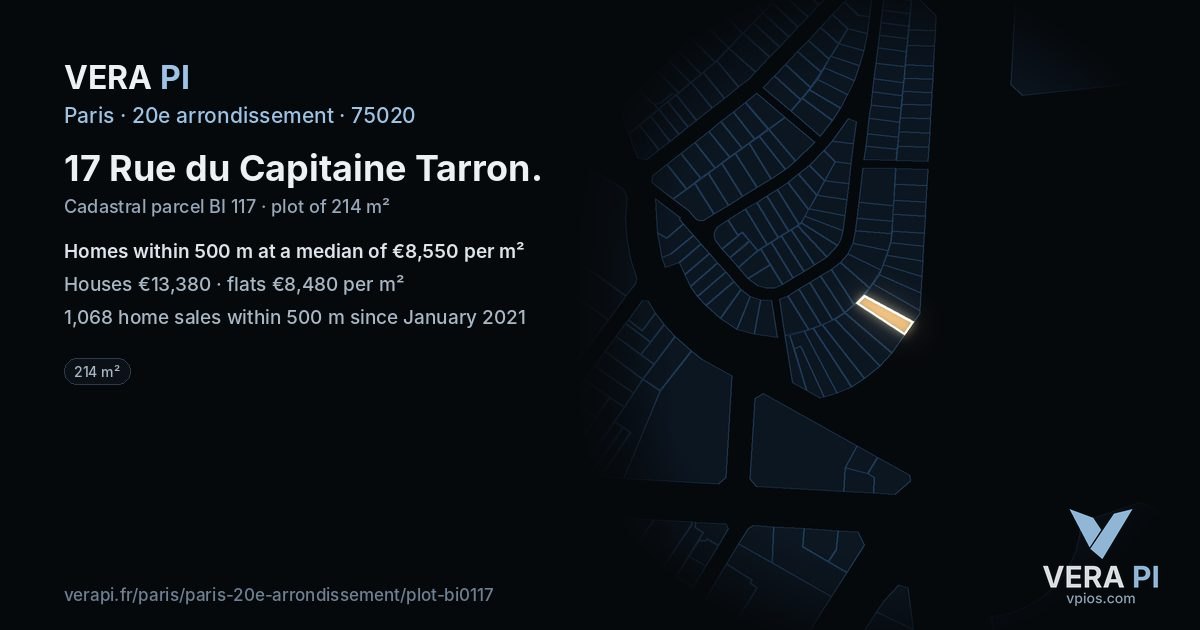17 Rue du Capitaine Tarron, 20e arrondissement at night – the plot lit, the parcels around coloured by the prices near them