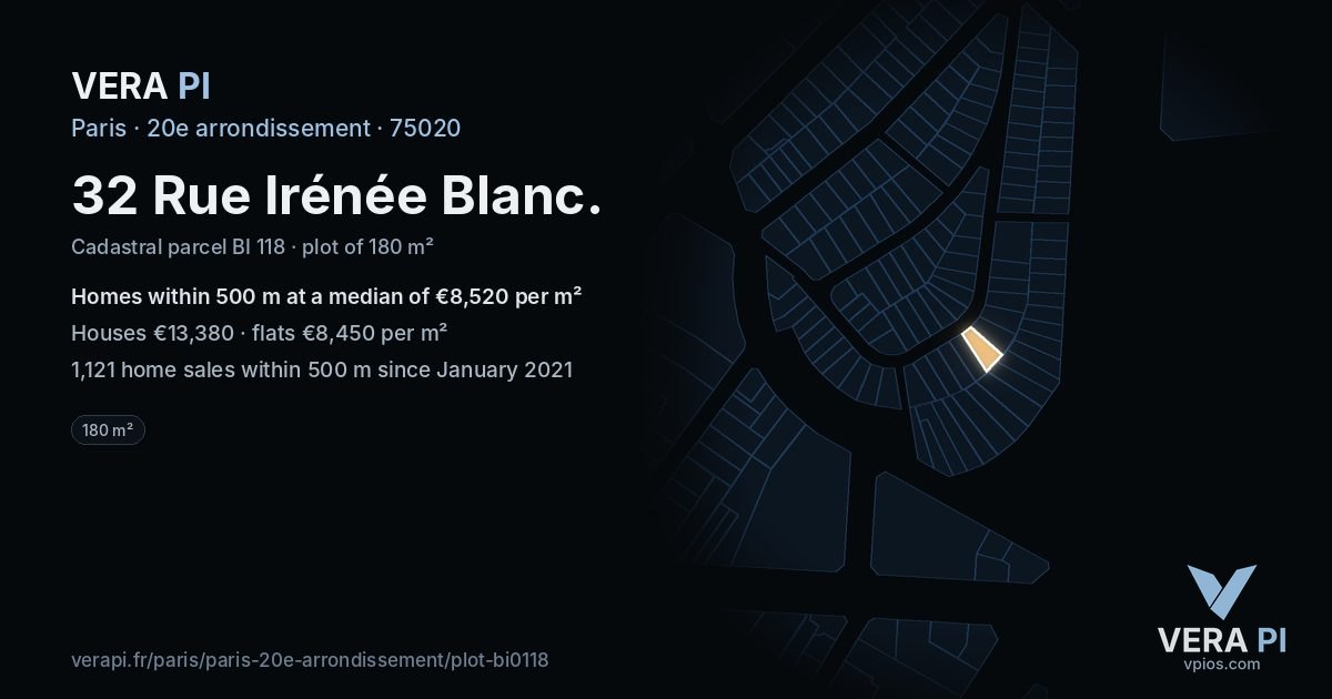 32 Rue Irénée Blanc, 20e arrondissement at night – the plot lit, the parcels around coloured by the prices near them