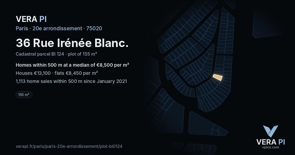 36 Rue Irénée Blanc, 20e arrondissement at night – the plot lit, the parcels around coloured by the prices near them