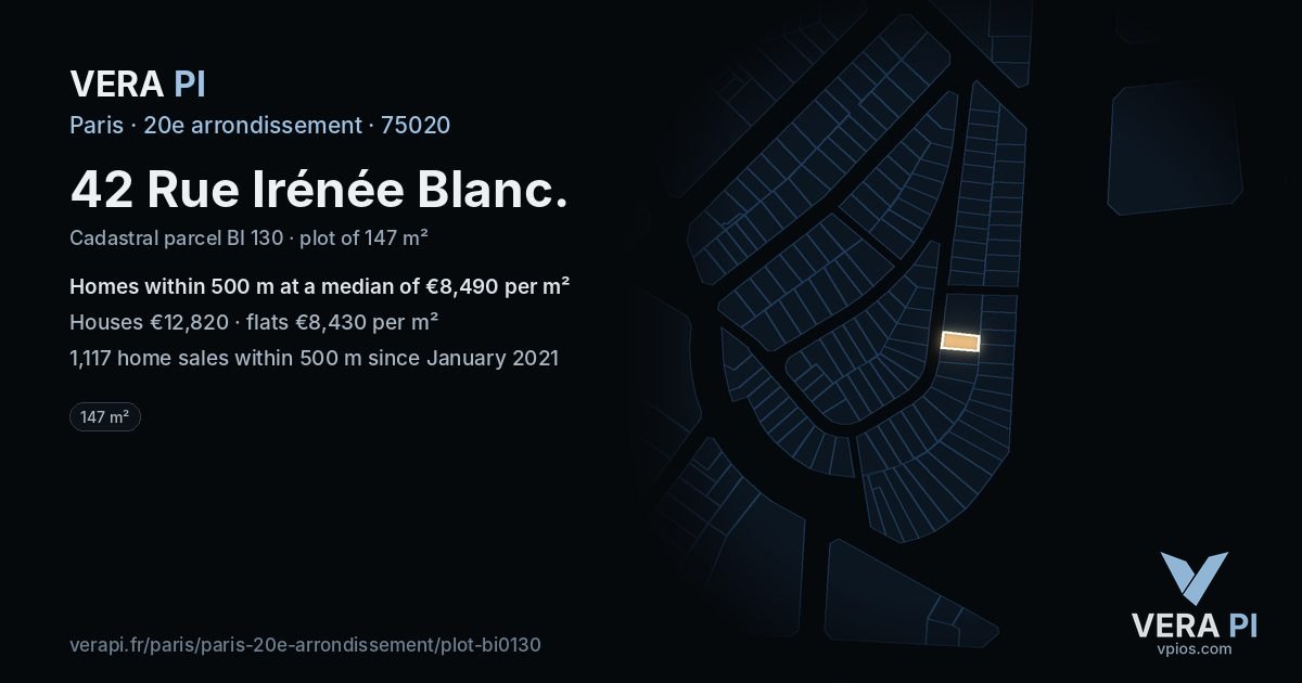 42 Rue Irénée Blanc, 20e arrondissement at night – the plot lit, the parcels around coloured by the prices near them