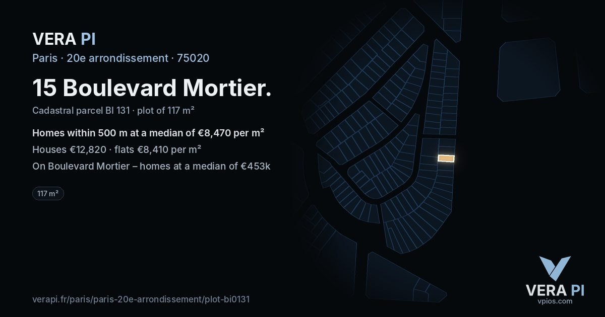 15 Boulevard Mortier, 20e arrondissement at night – the plot lit, the parcels around coloured by the prices near them