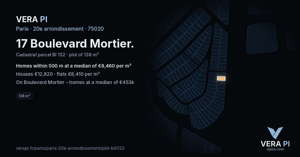 17 Boulevard Mortier, 20e arrondissement at night – the plot lit, the parcels around coloured by the prices near them