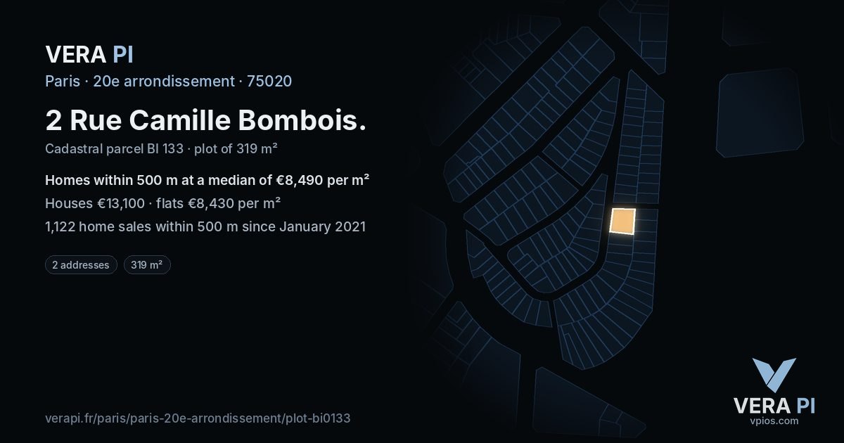 2 Rue Camille Bombois, 20e arrondissement at night – the plot lit, the parcels around coloured by the prices near them