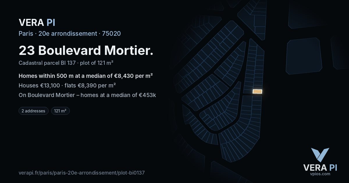 23 Boulevard Mortier, 20e arrondissement at night – the plot lit, the parcels around coloured by the prices near them