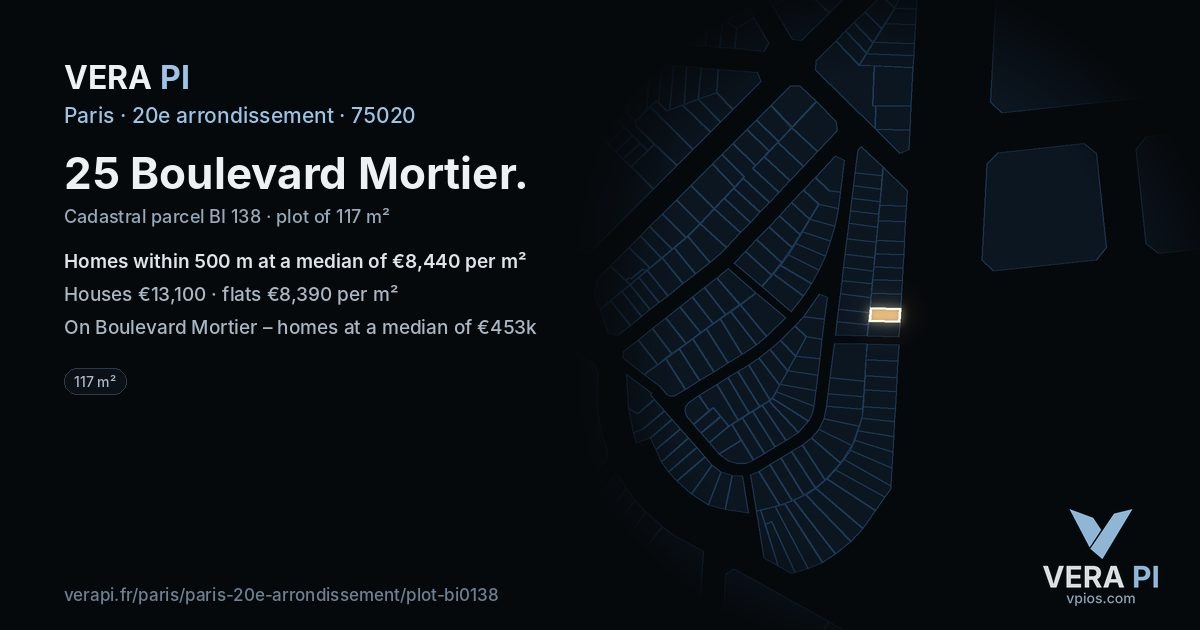 25 Boulevard Mortier, 20e arrondissement at night – the plot lit, the parcels around coloured by the prices near them