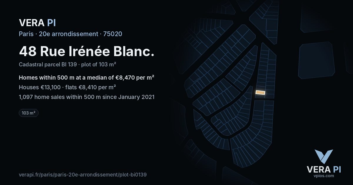 48 Rue Irénée Blanc, 20e arrondissement at night – the plot lit, the parcels around coloured by the prices near them