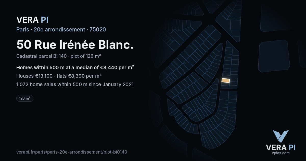 50 Rue Irénée Blanc, 20e arrondissement at night – the plot lit, the parcels around coloured by the prices near them