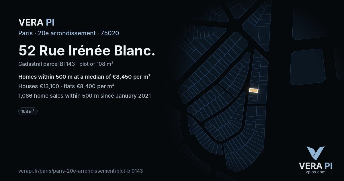 52 Rue Irénée Blanc, 20e arrondissement at night – the plot lit, the parcels around coloured by the prices near them