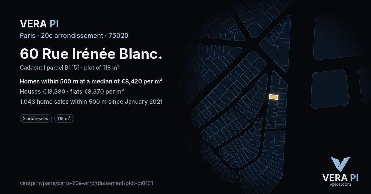 60 Rue Irénée Blanc, 20e arrondissement at night – the plot lit, the parcels around coloured by the prices near them