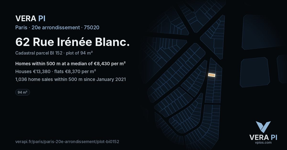 62 Rue Irénée Blanc, 20e arrondissement at night – the plot lit, the parcels around coloured by the prices near them