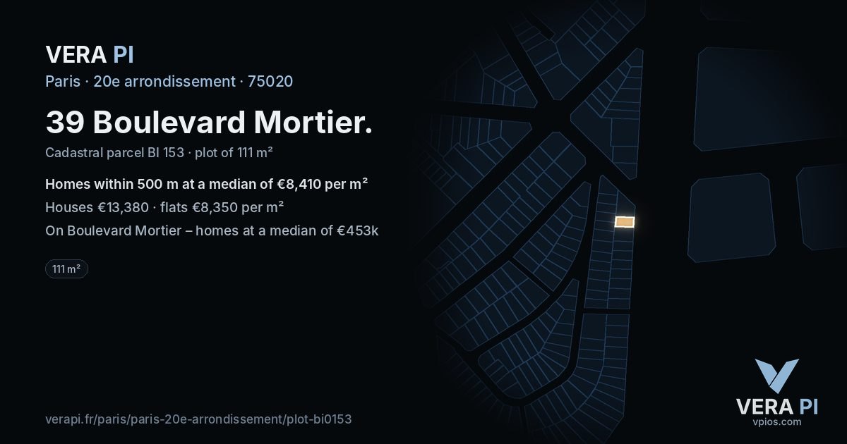 39 Boulevard Mortier, 20e arrondissement at night – the plot lit, the parcels around coloured by the prices near them