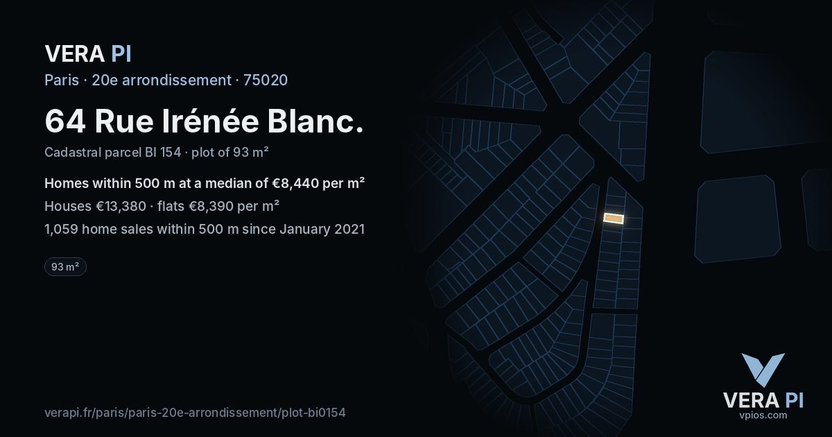 64 Rue Irénée Blanc, 20e arrondissement at night – the plot lit, the parcels around coloured by the prices near them
