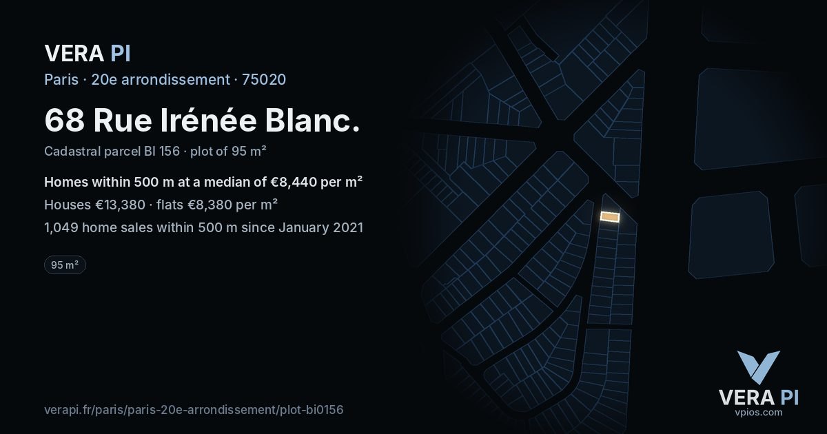 68 Rue Irénée Blanc, 20e arrondissement at night – the plot lit, the parcels around coloured by the prices near them