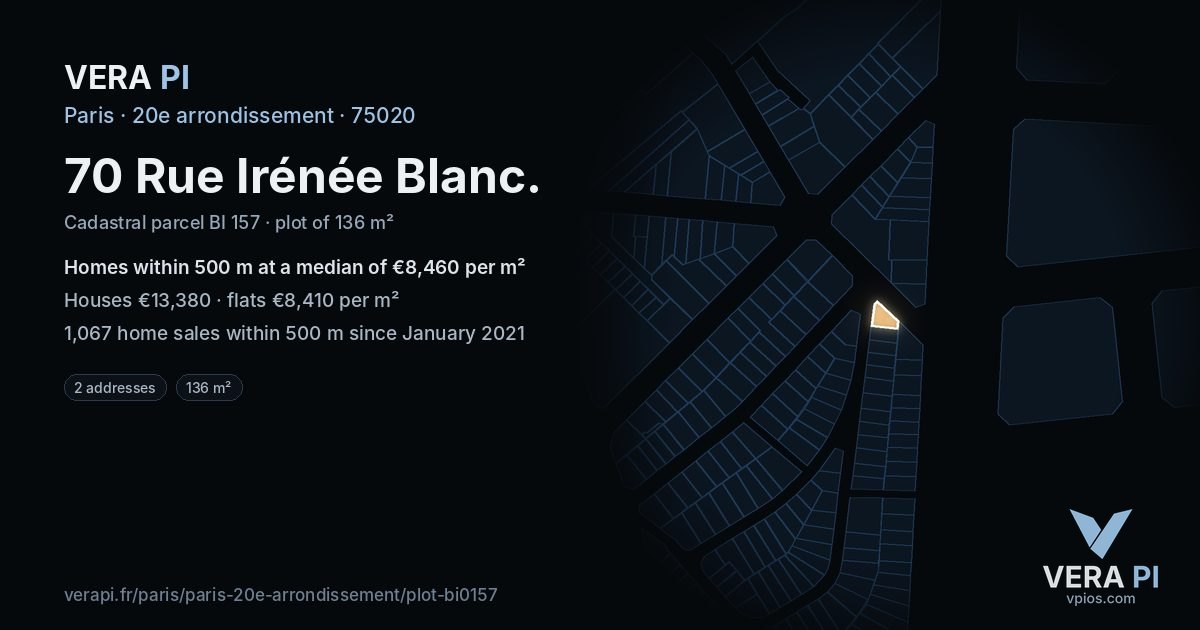 70 Rue Irénée Blanc, 20e arrondissement at night – the plot lit, the parcels around coloured by the prices near them