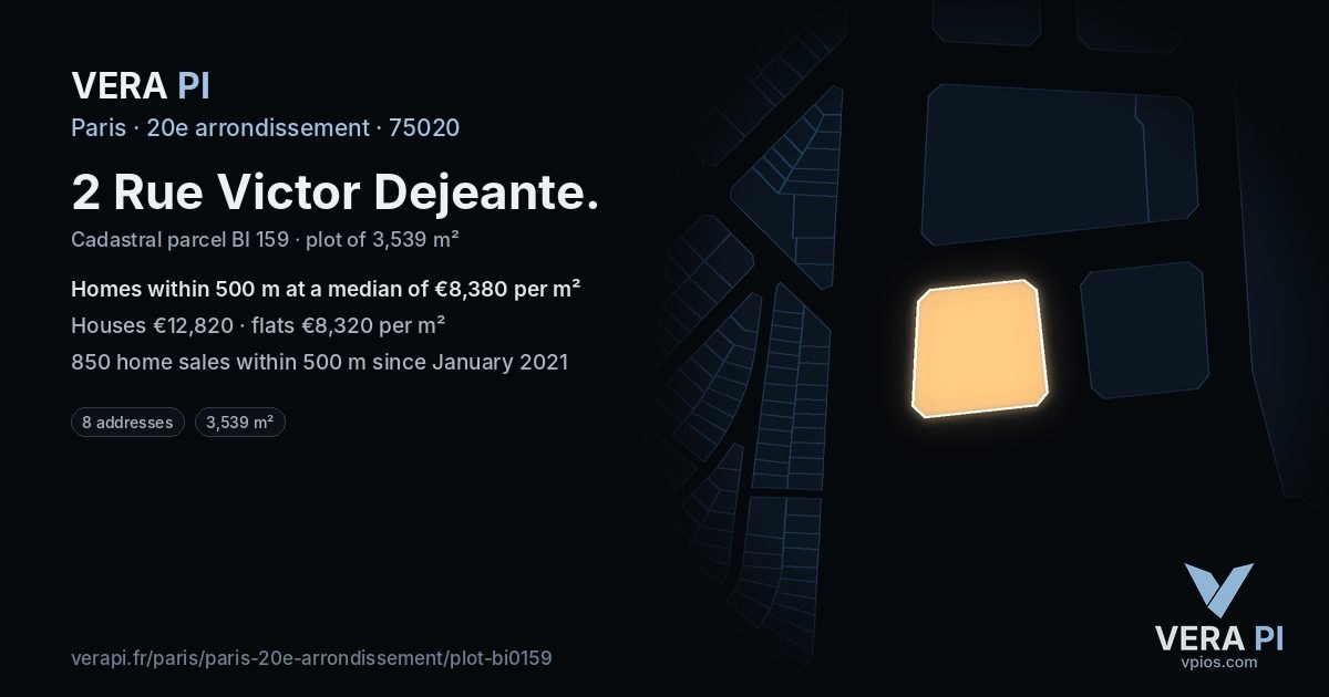 2 Rue Victor Dejeante, 20e arrondissement at night – the plot lit, the parcels around coloured by the prices near them