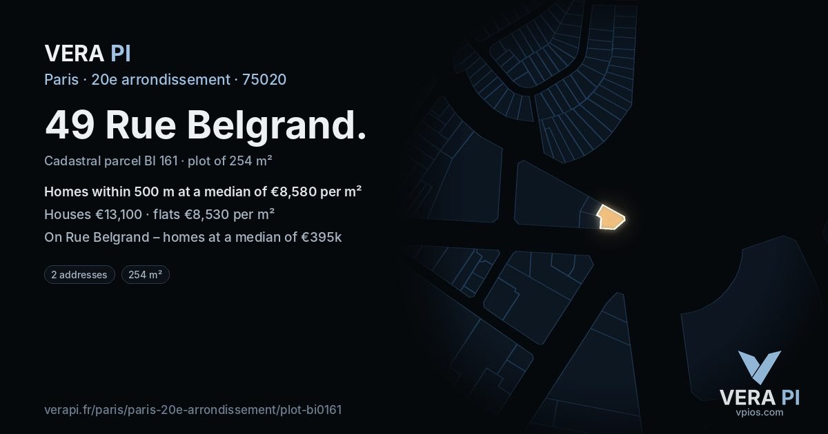49 Rue Belgrand, 20e arrondissement at night – the plot lit, the parcels around coloured by the prices near them
