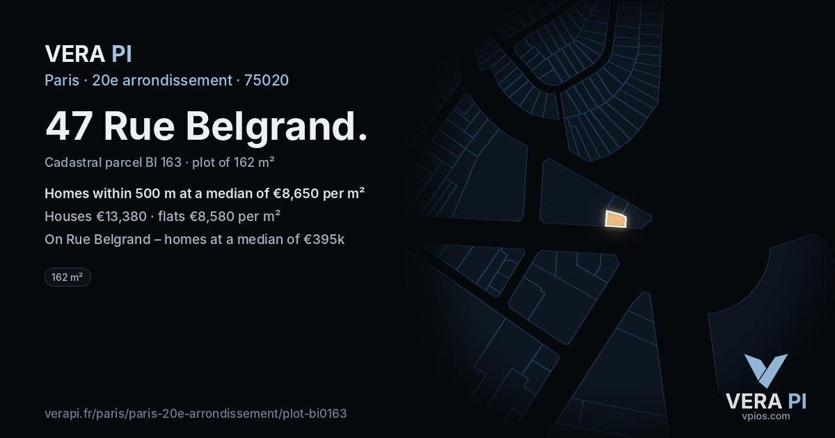 47 Rue Belgrand, 20e arrondissement at night – the plot lit, the parcels around coloured by the prices near them