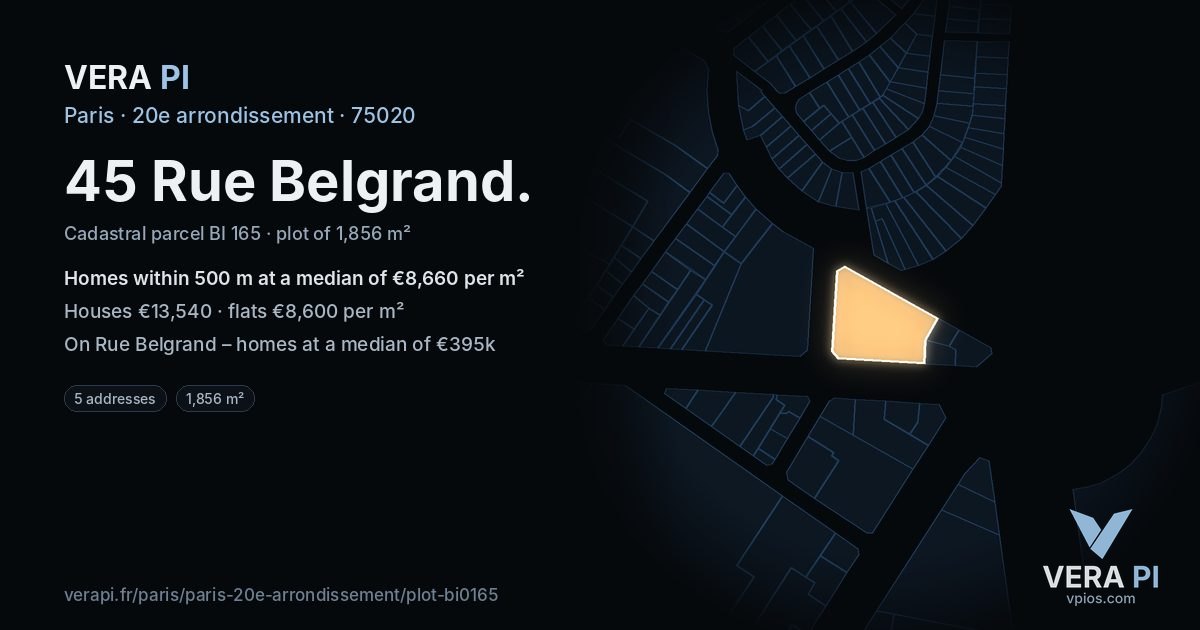 45 Rue Belgrand, 20e arrondissement at night – the plot lit, the parcels around coloured by the prices near them