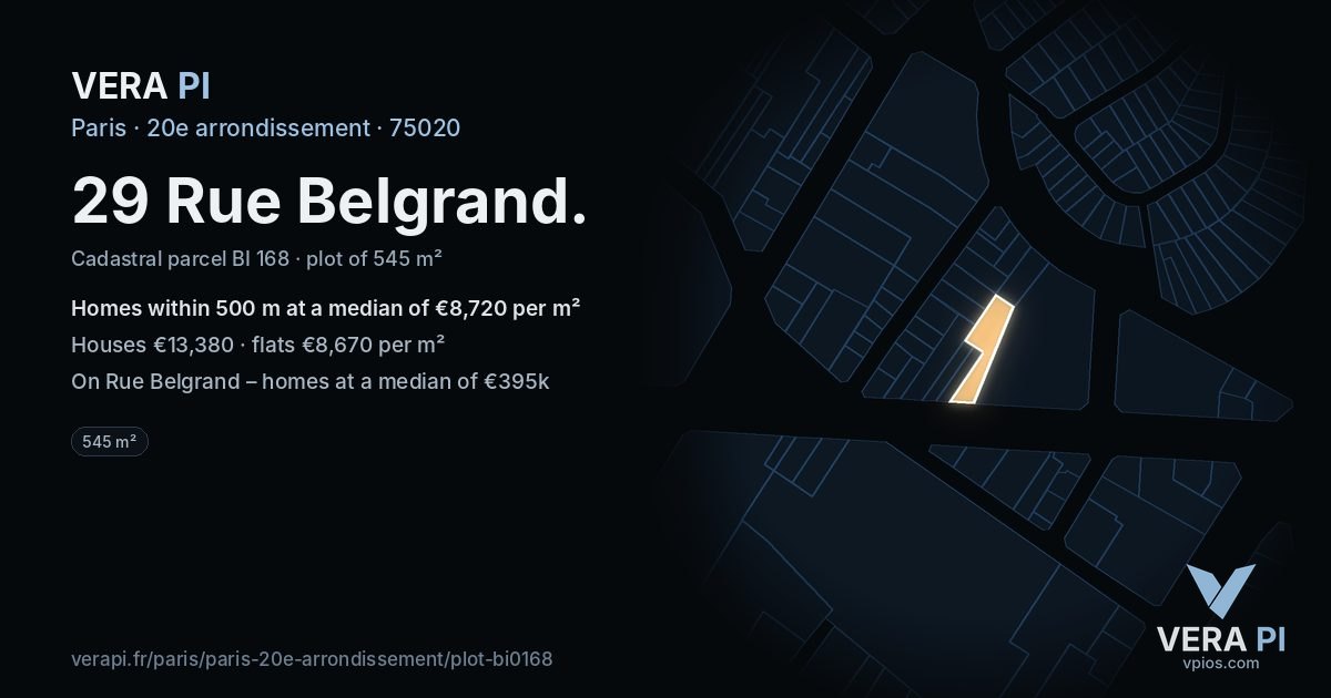 29 Rue Belgrand, 20e arrondissement at night – the plot lit, the parcels around coloured by the prices near them