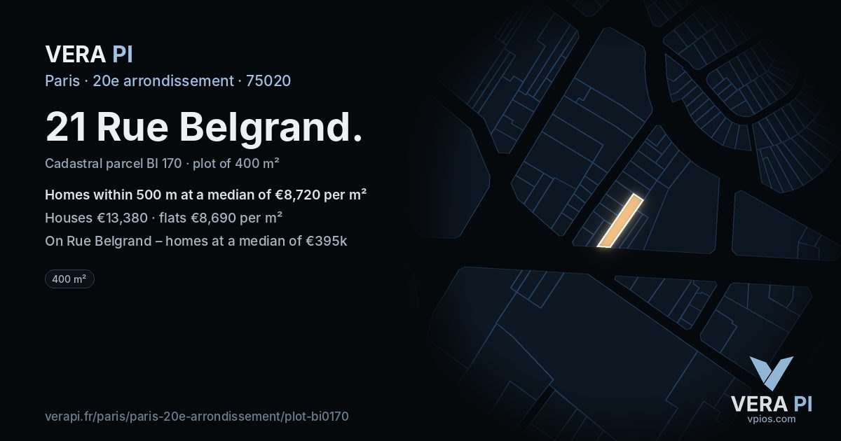 21 Rue Belgrand, 20e arrondissement at night – the plot lit, the parcels around coloured by the prices near them