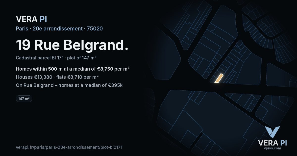 19 Rue Belgrand, 20e arrondissement at night – the plot lit, the parcels around coloured by the prices near them