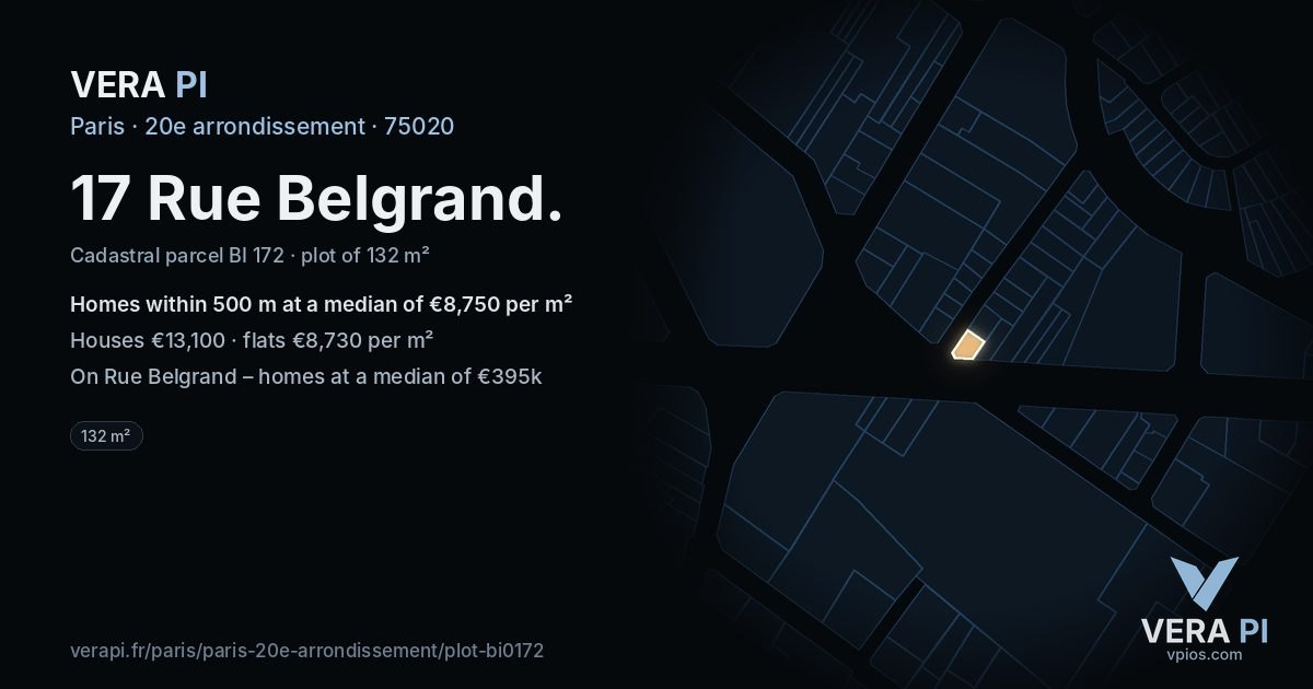 17 Rue Belgrand, 20e arrondissement at night – the plot lit, the parcels around coloured by the prices near them