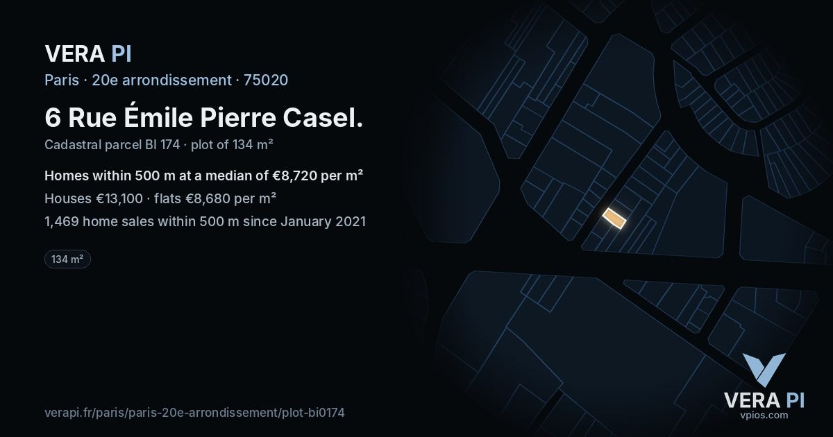 6 Rue Émile Pierre Casel, 20e arrondissement at night – the plot lit, the parcels around coloured by the prices near them