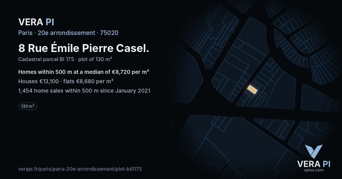 8 Rue Émile Pierre Casel, 20e arrondissement at night – the plot lit, the parcels around coloured by the prices near them
