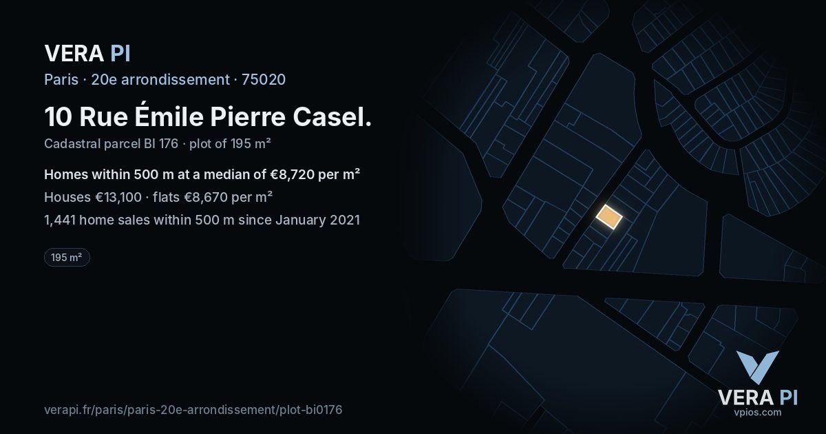 10 Rue Émile Pierre Casel, 20e arrondissement at night – the plot lit, the parcels around coloured by the prices near them