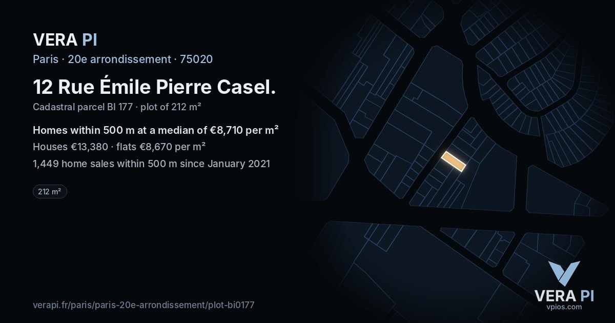 12 Rue Émile Pierre Casel, 20e arrondissement at night – the plot lit, the parcels around coloured by the prices near them