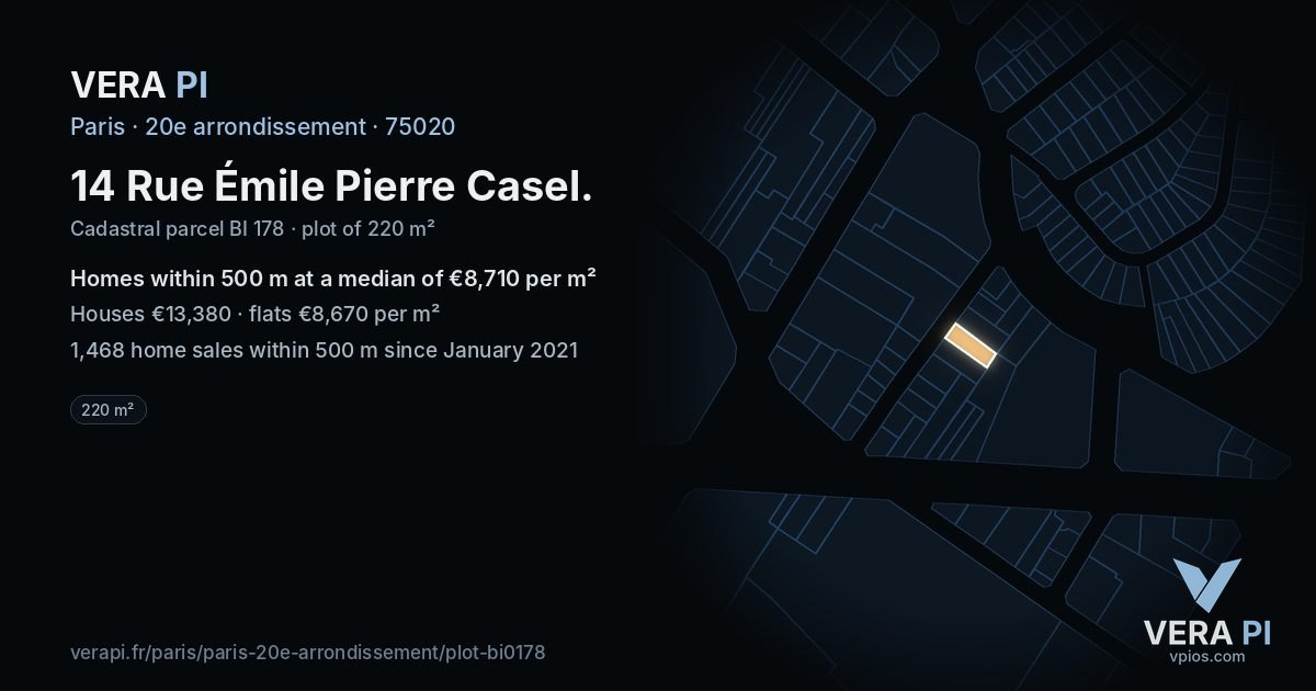 14 Rue Émile Pierre Casel, 20e arrondissement at night – the plot lit, the parcels around coloured by the prices near them