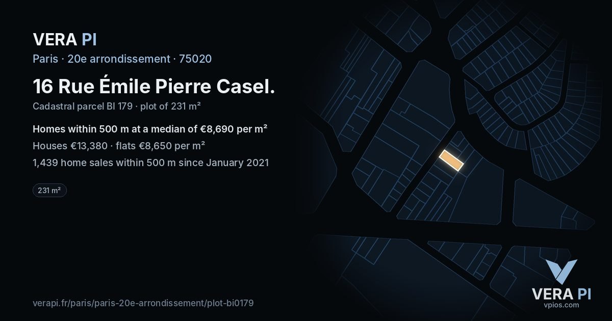 16 Rue Émile Pierre Casel, 20e arrondissement at night – the plot lit, the parcels around coloured by the prices near them