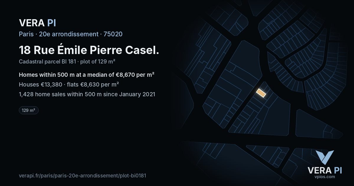 18 Rue Émile Pierre Casel, 20e arrondissement at night – the plot lit, the parcels around coloured by the prices near them