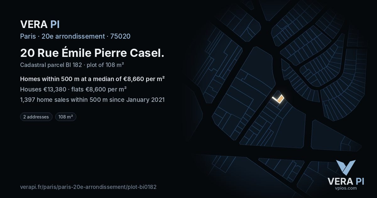 20 Rue Émile Pierre Casel, 20e arrondissement at night – the plot lit, the parcels around coloured by the prices near them